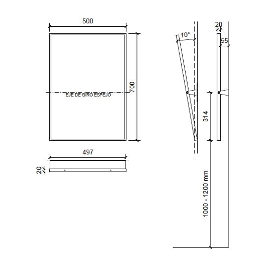 Lustro uchylne dla niepełnosprawnych z uchwytem 700 x 500 mm