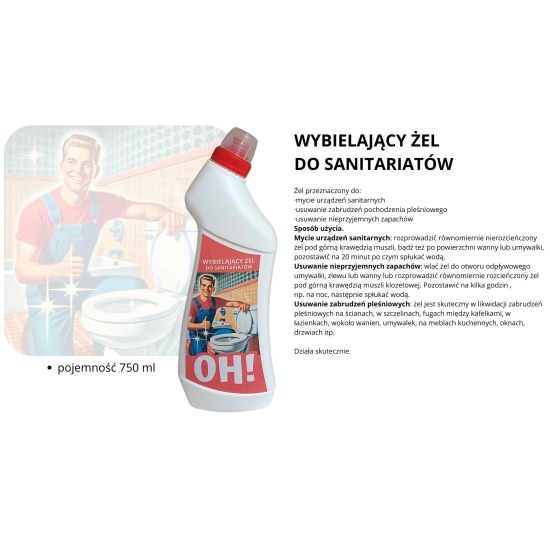 ŻEL do Sanitariatów Wybielający 0,75 l skuteczny do toalet OH! FORLUX